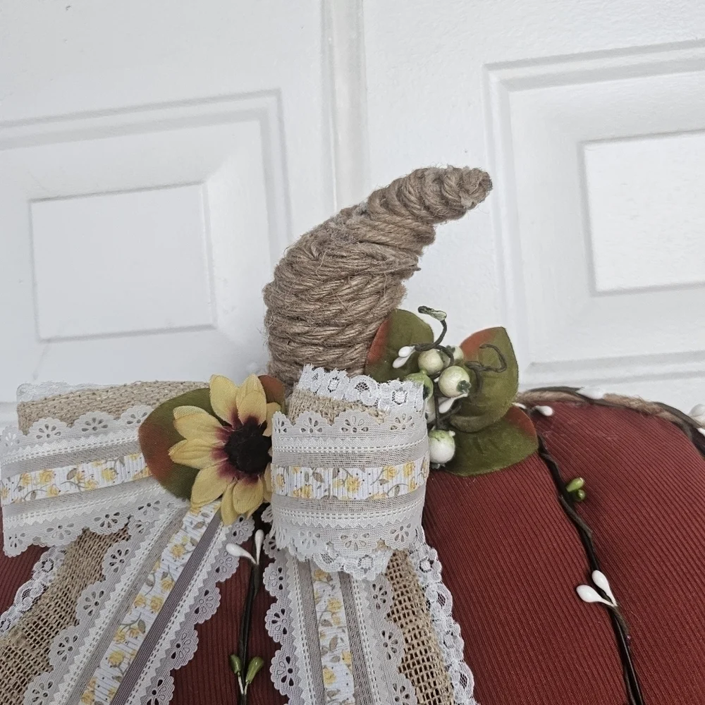 Handmade fall pumpkin wreath rusty orange with sunflowers in yellow and cream